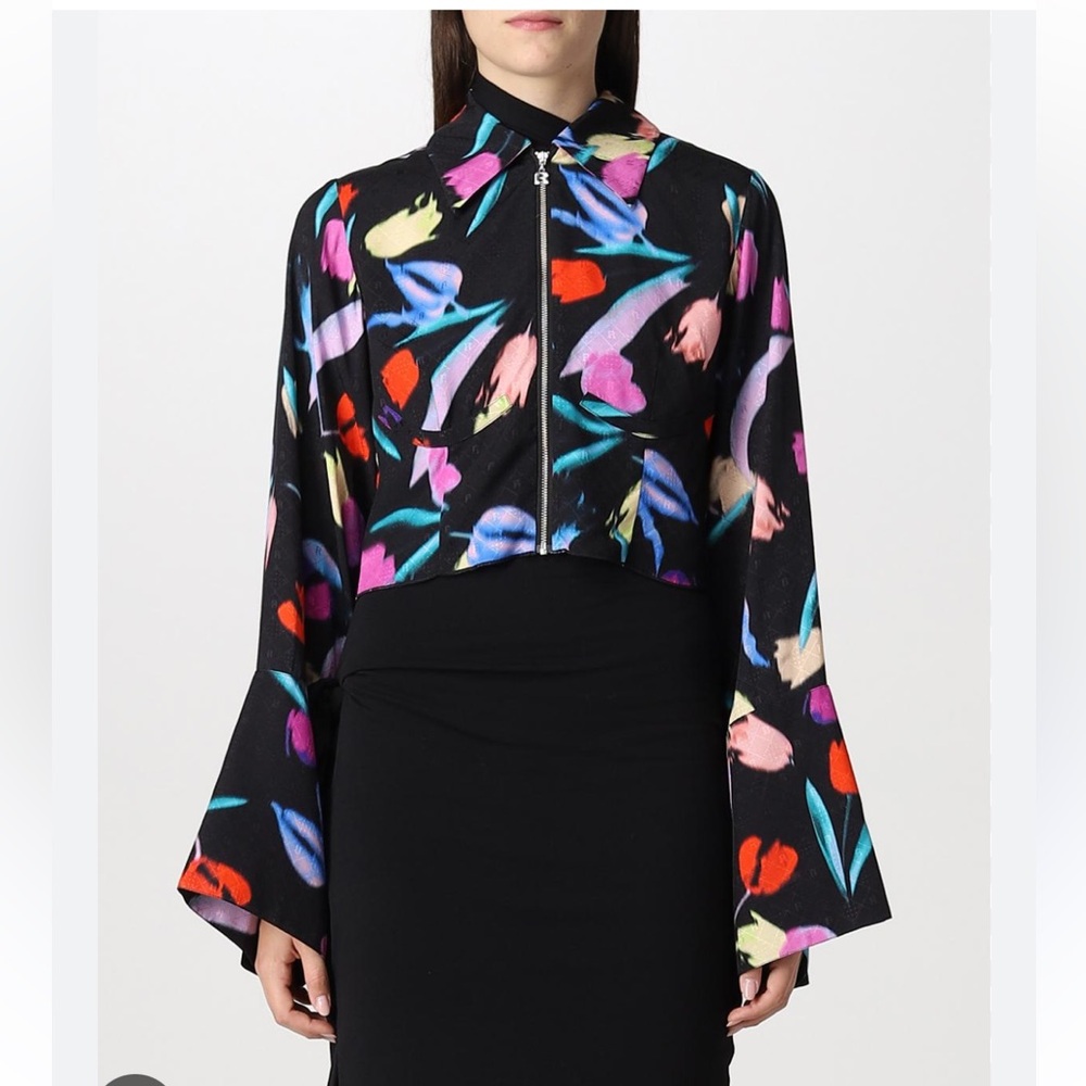 NWT ROTATE Agatha black floral print zip wide sleeve shirt, size EU 32/US 0